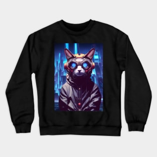 Cool Japanese Techno Cat In Japan Neon City Crewneck Sweatshirt